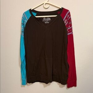 Cowgirl Tuff Brown Sweatshirt with Red and Blue Sleeves